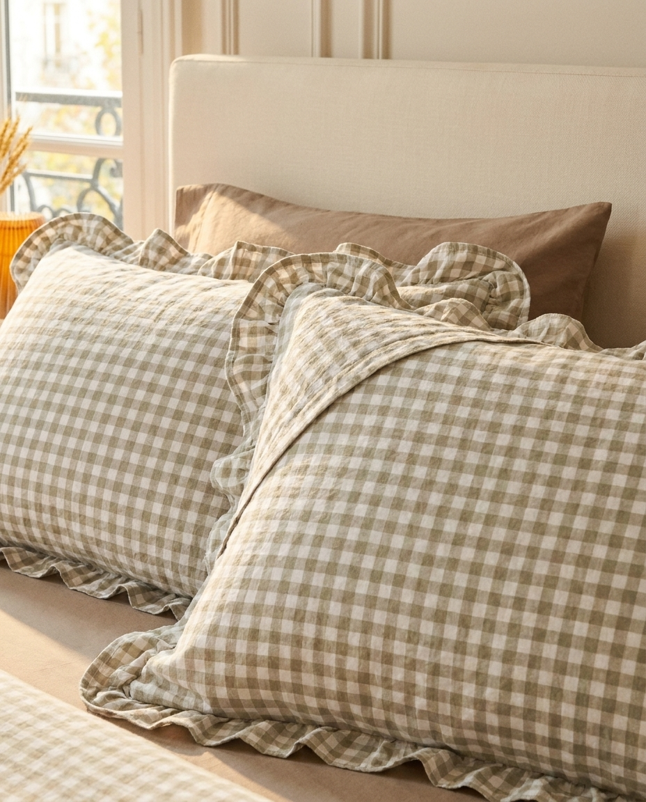 Sage ruffle shams with envelope closure
