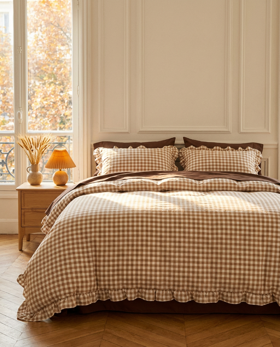 Le Vichy gingham ruffle bedding in Noisette — full styled bed in a Parisian bedroom