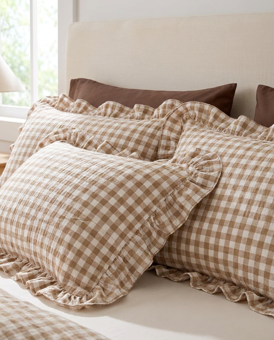 Ruffle-bordered shams with envelope closure against the headboard