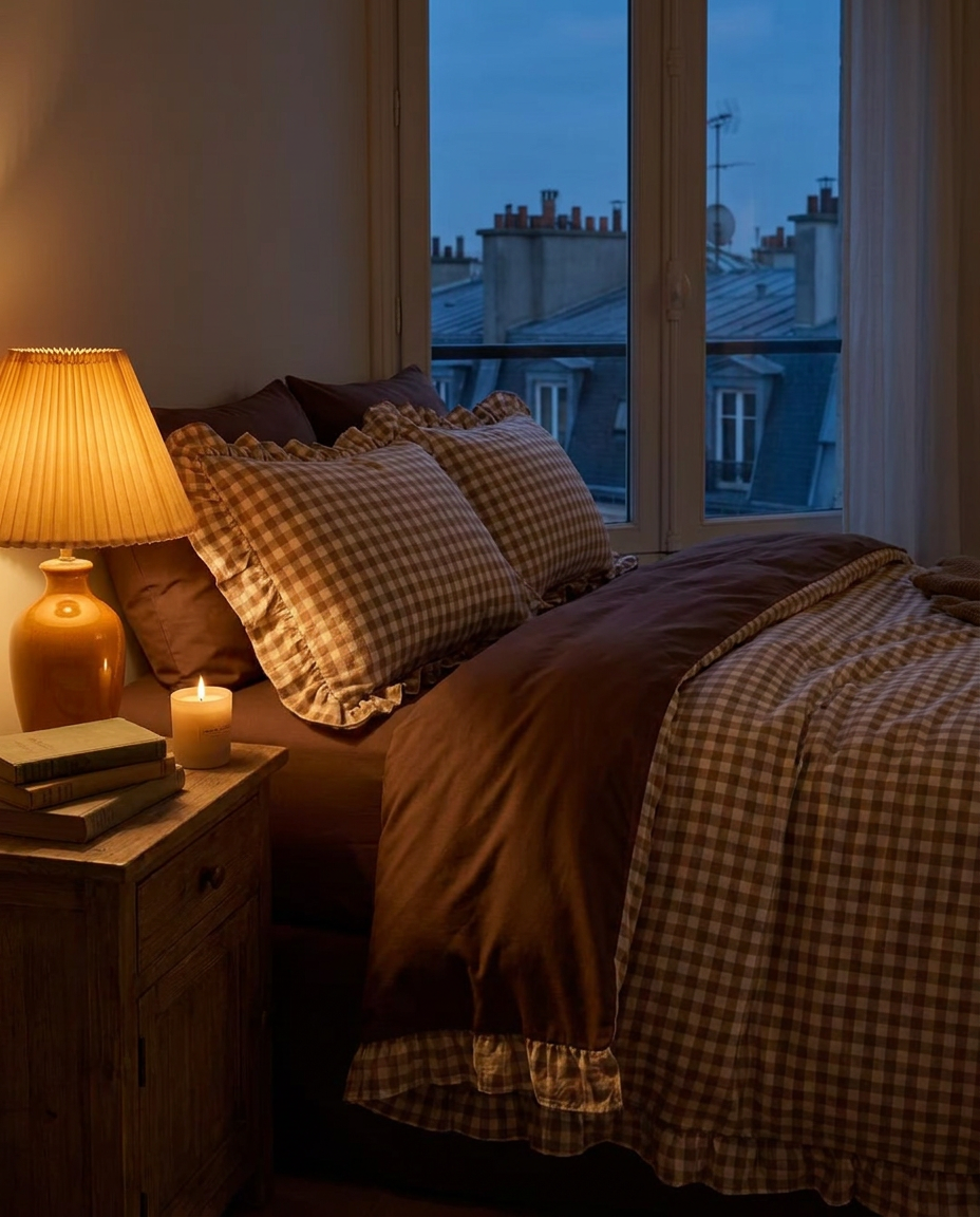 The Noisette set at night by warm lamp glow