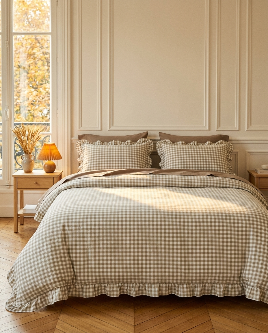 Le Vichy gingham ruffle bedding in Sauge Dorée — full styled bed