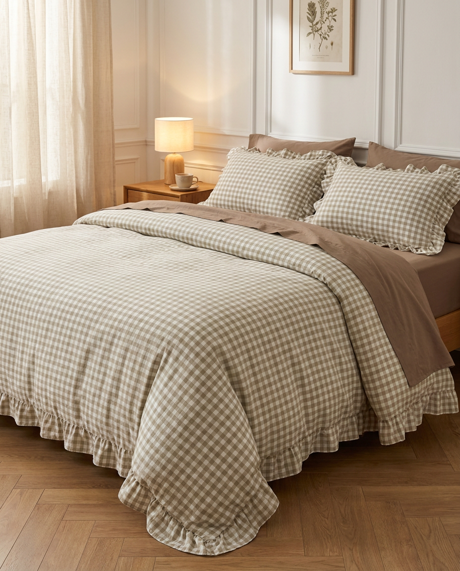 Angled view of the sage gingham drape and ruffle hem